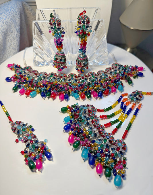 Stunning Multi-colored Earrings Jhumar Teeka Bridal Set.
