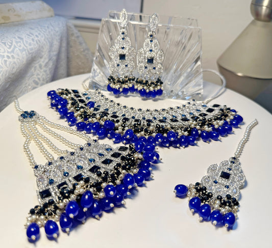 Bollywood Jewelry Set - Royal Blue - Necklace, Mang Teeka and Earrings